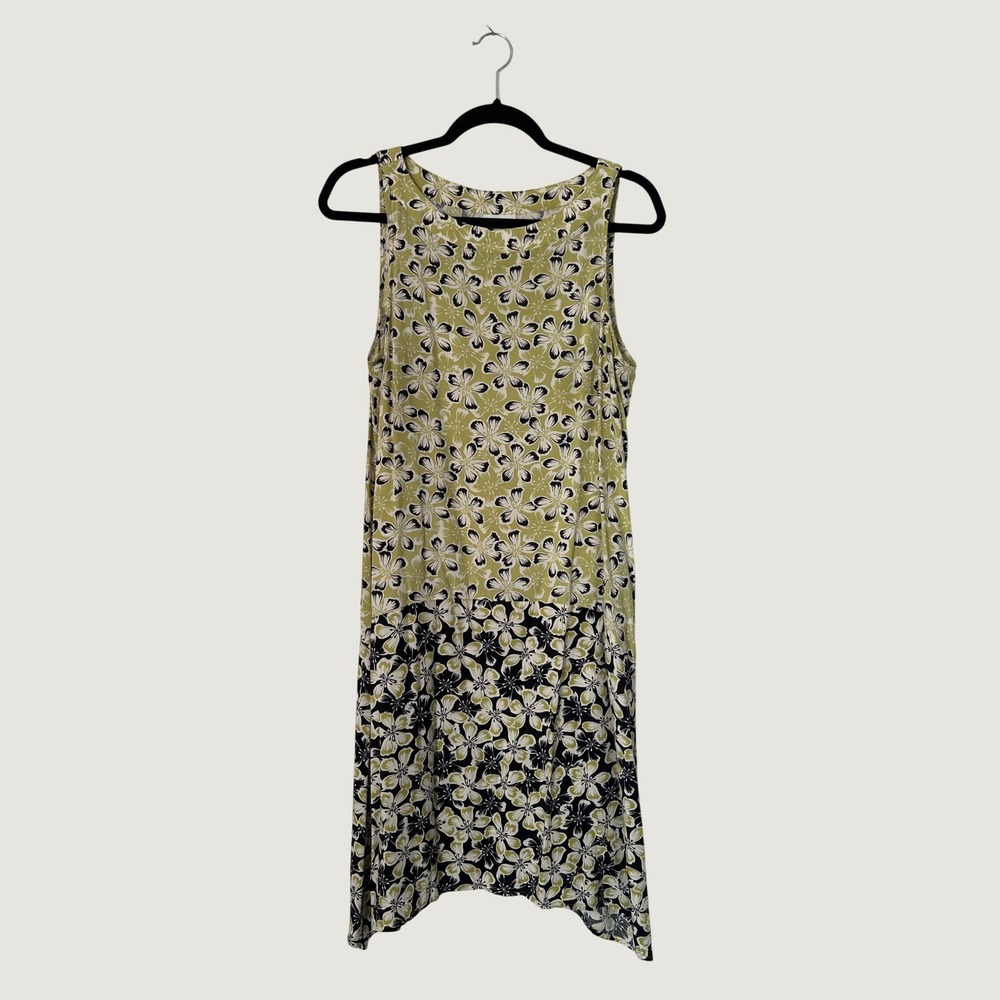 J. Jill Floral Shift Dress Women Medium Green Black Sleeveless Sharkbite Hem